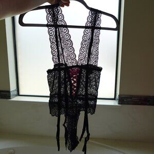 Black and pink lace up lingerie teddy